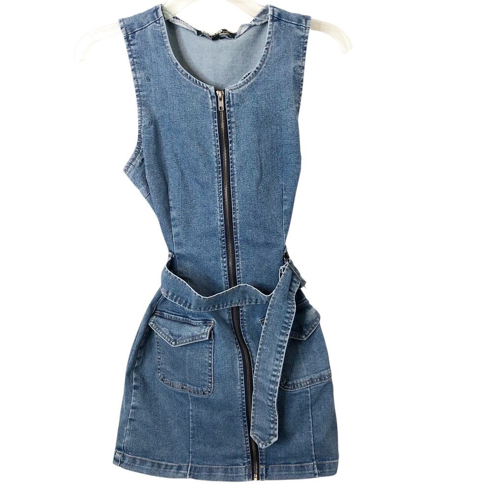 Rewash Blue Denim Zip-Front Sleeveless Mini Dress
